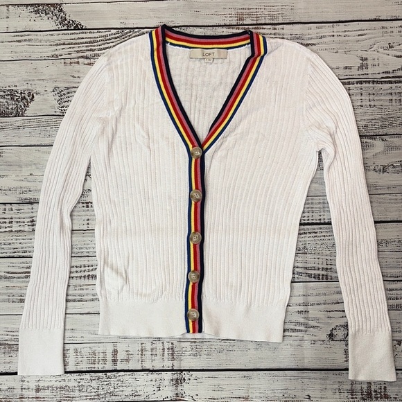 LOFT Sweaters - LOFT White Ribbed Cardigan with Colorful Trim Lightweight Sz. M